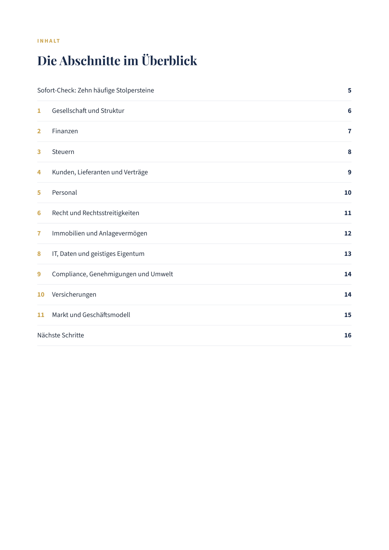Einblick: Inhaltsverzeichnis der Due-Diligence-Checkliste